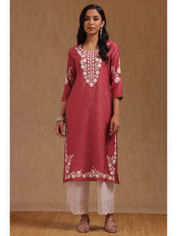 Soch - Onion Pink Viscose Blend Embroidered Kurta