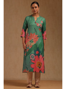 Soch - Green Linen Floral Printed Kurta