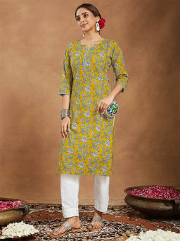 Janasya - Mustard Pure Cotton Floral Printed Straight Kurta