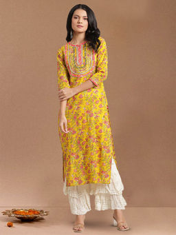 Varanga - Yellow and Peach Straight Floral Printed Kurta