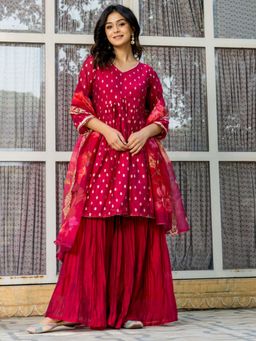 HOUSE OF JAMOTI - Rouge Chanderi Kurta and Sharara with Dupatta (Set of 3)
