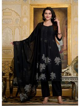 ANAISA - Women Black Cotton Printed A-Line Anarkali Kurta with Pant and Dupatta (Set of 3)