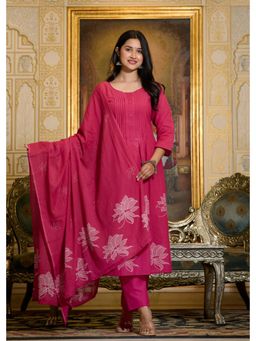ANAISA - Women Rani Pink Cotton Printed A-Line Anarkali Kurta with Pant and Dupatta (Set of 3)