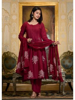 ANAISA - Women Red Cotton Printed A-Line Anarkali Kurta with Pant and Dupatta (Set of 3)