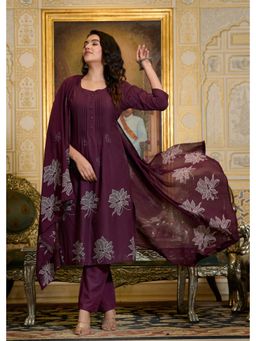 ANAISA - Women Wine Cotton Printed A-Line Anarkali Kurta with Pant and Dupatta (Set of 3)
