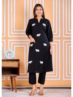 ANAISA - Women Black Cotton Embroidery Anarkali Kurta with Pant (Set of 2)
