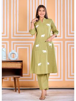 ANAISA - Women Olive Green Cotton Embroidery Anarkali Kurta with Pant (Set of 2)