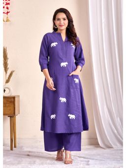 ANAISA - Women Purple Cotton Embroidery Anarkali Kurta with Palazzo (Set of 2)