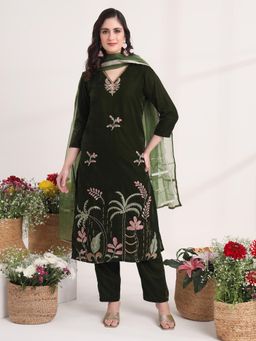 Yufta - Olive Straight Embroidery Kurta with Pant and Dupatta (Set of 3)