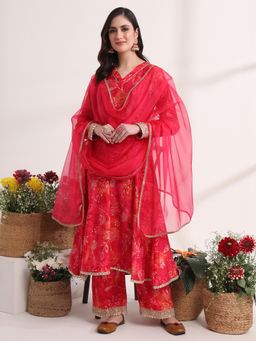 Yufta - Pink Ethnic Motifs Work Anarkali Kurta with Palazzo and Dupatta (Set of 3)