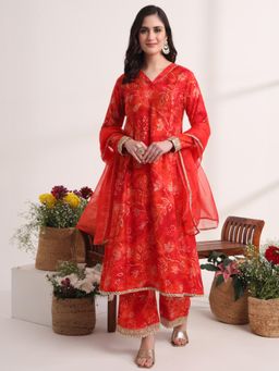 Yufta - Red Ethnic Motifs Work Anarkali Kurta with Palazzo and Dupatta (Set of 3)