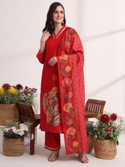 Yufta - Red Floral Lace Work Straight Kurta with Palazzo and Dupatta (Set of 3)
