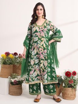 Yufta - Green Floral Print A-Line Anarkali Kurta with Palazzo and Dupatta (Set of 3)