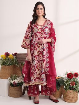 Yufta - Maroon Floral Print A-Line Anarkali Kurta with Palazzo and Dupatta (Set of 3)
