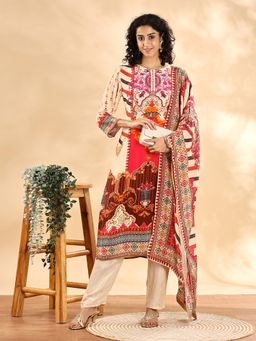 Yufta - Cream and Pink Silk Crepe Sequins Work Straight Kurta with Pant and Dupatta (Set of 3)