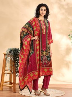 Yufta - Purple and Green Silk Crepe Sequins Work Kurta with Pant and Dupatta (Set of 3)