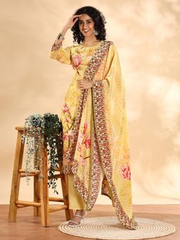 Yufta - Yellow Silk Crepe Sequins Work Straight Kurta with Pant and Dupatta (Set of 3)