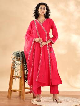 Yufta - Pink Silk Embroidered Anarkali Kurta with Pant and Dupatta (Set of 3)