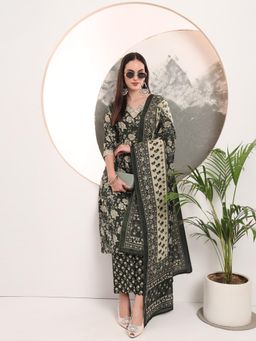 Yufta - Military Green Floral Print A-Line Style Kurta Palazzo and Dupatta (Set of 3)