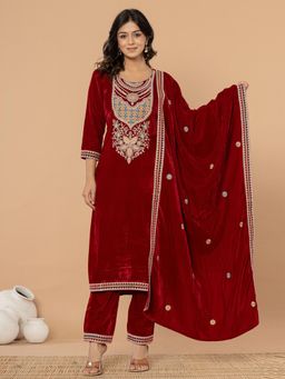 Yufta - Maroon Velvet Embroidered A Have Cotton Lining Kurta with Pant and Dupatta (Set of 3)