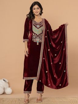 Yufta - Burgundy Velvet Embroidered Cotton Lining Kurta with Pant and Dupatta (Set of 3)