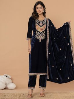 Yufta - Navy Blue Velvet Embroidered Cotton Lining Kurta with Pant and Dupatta (Set of 3)