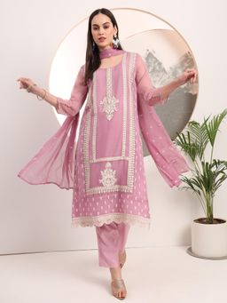 Yufta - Lavender Embroidery Poly Chiffon Straight Kurta Dupatta (Set of 3)
