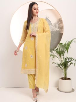 Yufta - Yellow Embroidery Silk Blend Straight Kurta with Pant Dupatta (Set of 3)