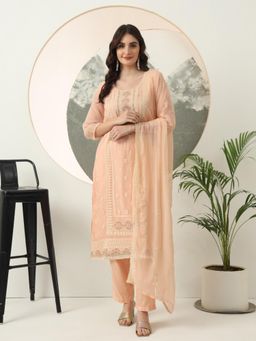 Yufta - Peach Embroidery Silk Blend Straight Kurta, Dupatta and Pant (Set of 3)