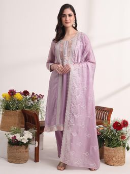 Yufta - Purple Embroidery Organza Straight Kurta, Dupatta and Pant (Set of 3)