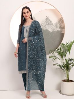 Yufta - Teal Blue Organza Embroidery Straight Kurta Dupatta (Set of 3)