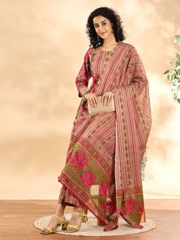 Yufta - Pink Floral Print Sequins Work Anarkali Kurta with Pant and Dupatta (Set of 3)