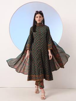 Yufta - Green Floral A-Line Sequins Work Anarkali Kurta with Pant and Dupatta (Set of 3)