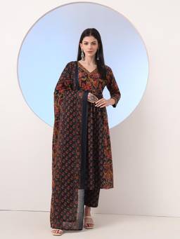 Yufta - Navy Blue Floral A-Line Sequins Work Anarkali Kurta with Pant and Dupatta (Set of 3)