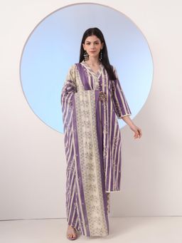 Yufta - Purple and Cream Striped Straight Thread Work Kurta with Pant and Dupatta (Set of 3)
