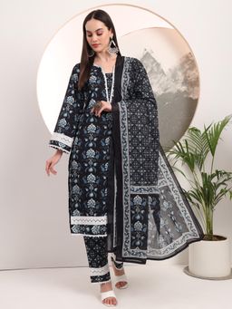 Yufta - Black Floral Print Pakistani Style Kurta Pant and Dupatta (Set of 3)
