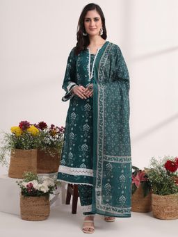 Yufta - Teal Green Floral Print Pakistani Style Kurta Pant and Dupatta (Set of 3)