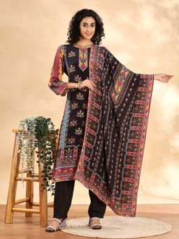 Yufta - Black Silk Crepe Cut Dana Work Straight Kurta with Pant and Dupatta (Set of 3)