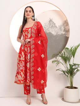 Yufta - Red Floral Print Anarkali Style Kurta Pant and Dupatta (Set of 3)