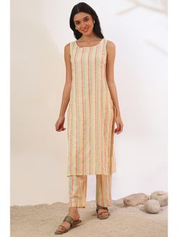 Aurelia - Women Yellow Yarn Dyed Cotton Blend Straight Kurta with Pant (Set of 2)