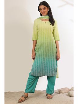 Aurelia - Women Green Yarn Dyed Pure Cotton Straight Kurta with Palazzo and Dupatta (Set of 3)