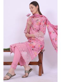 Aurelia - Women Pink Printed Asymmetrical Kurta with Pant and Dupatta (Set of 3)