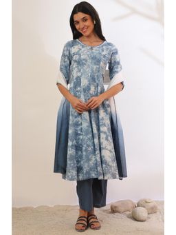 Aurelia - Women Blue Printed Flared Anarkali Kurta with Pant and Dupatta (Set of 3)