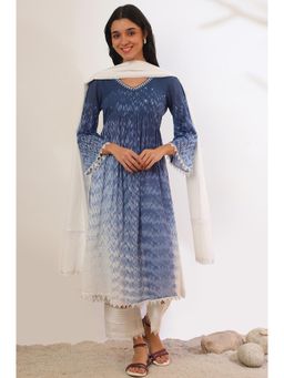 Aurelia - Women Blue Printed Pure Cotton Anarkali Kurta with Pant and Dupatta (Set of 3)