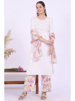 Aurelia - Women White Embroidered Straight Kurta with Palazzo and Stole (Set of 3)