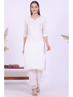 Aurelia - Women White Embroidered Pure Cotton Straight Kurta with Pant and Dupatta (Set of 3)