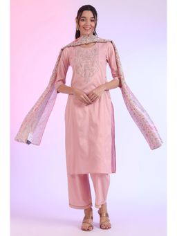 Aurelia - Women Pink Embroidered Blend Straight Kurta with Palazzo and Stole (Set of 3)