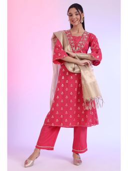 Aurelia - Women Pink Yarn Dyed Blend A-Line Kurta with Palazzo and Dupatta (Set of 3)