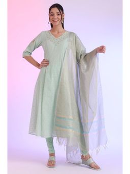 Aurelia - Women Green Yarn Dyed Anarkali with Leggings and Dupatta (Set of 3)