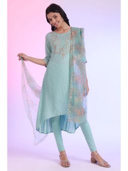 Aurelia - Women Green Embroidered Asymmetrical Kurta with Leggings and Dupatta (Set of 3)